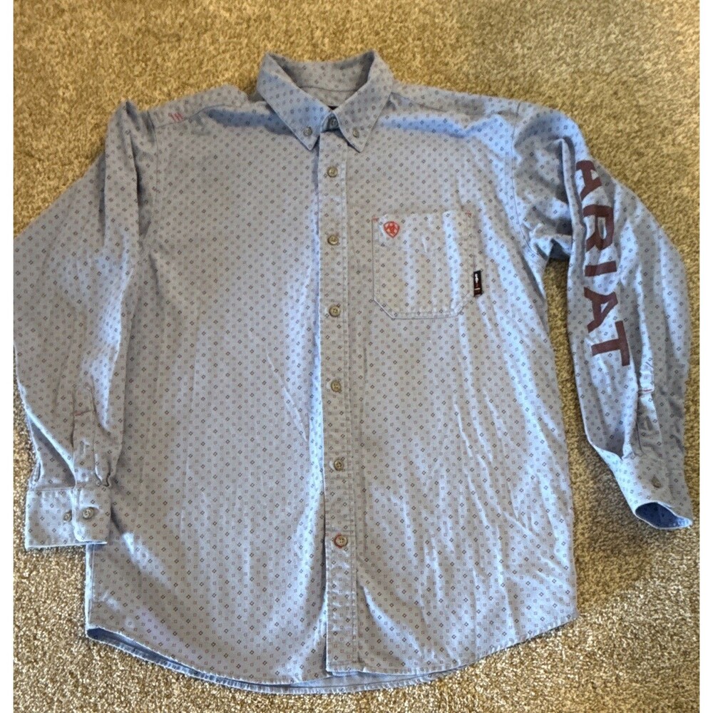Ariat FR Men’s L Blue Geometric Long Sleeve Button-Down Shirt Stretch Pockets